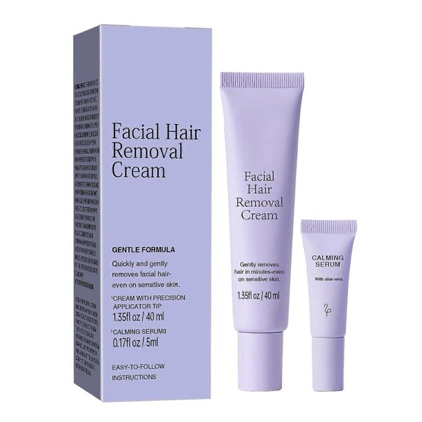 Gentle & Soothing Facial Hair Removal Cream for Women, Exfoliating Sensitive Skin Depilatory Cream & Calming Serum