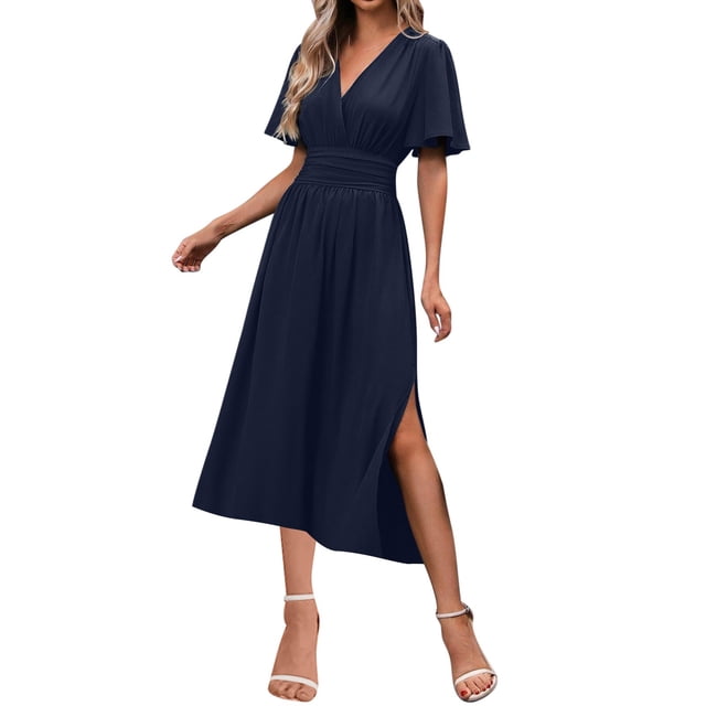 Vestido Maxi de Manga Larga para las Mujeres Caída Sólido de Manga Corta Cuello en V Plisado Vestido Maxi Midi, Cintura Elástica Boho Vestido de Playa con Bolsillos