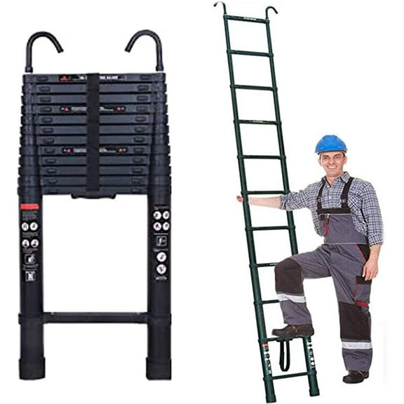 Bowoshen 10.5FT Aluminum Telescopic Straight Ladders Black with Hooks, Extendable Steps for Decoration Outdoor Indoor Compact