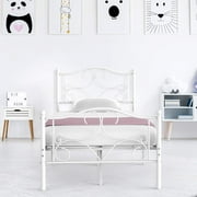 EastVita Curved Twin Bed Frame for Kids No Box Spring Needed Platform Bed Frames with Metal Headboard Footboard White