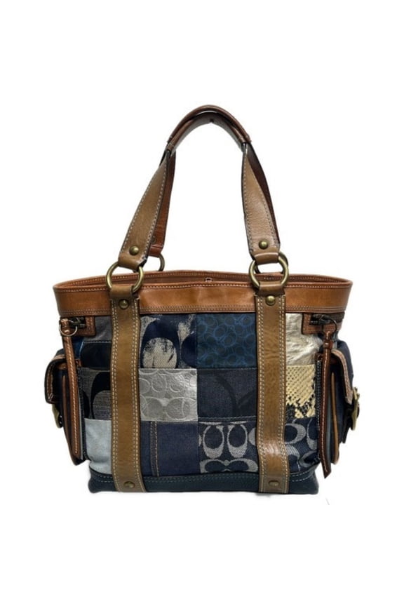 Pre-Owned COACH Tote Bag, Handbag, Patchwork, Denim, Leather, Canvas, Signature, Multi-Pocket,...