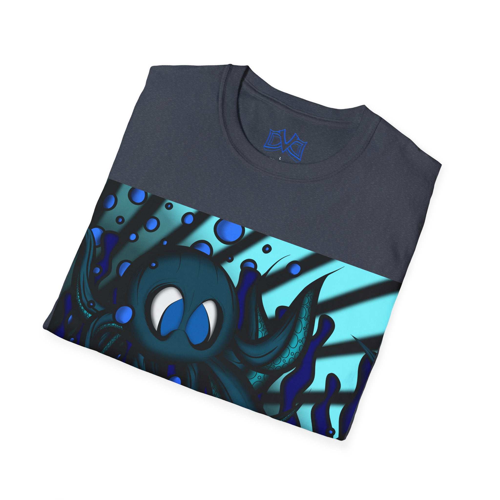 Octopus 9 tentacles, hand drawn art, skate & surf wear on a Unisex T Shirt.