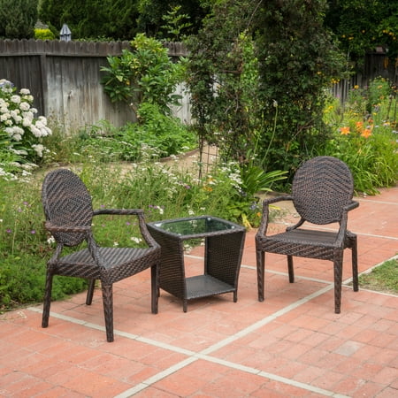 Anaheim 3 Piece Set - Anaheim Outdoor 3 Piece Wicker Stacking Chair Chat Set with Glass Table, Multibrown
