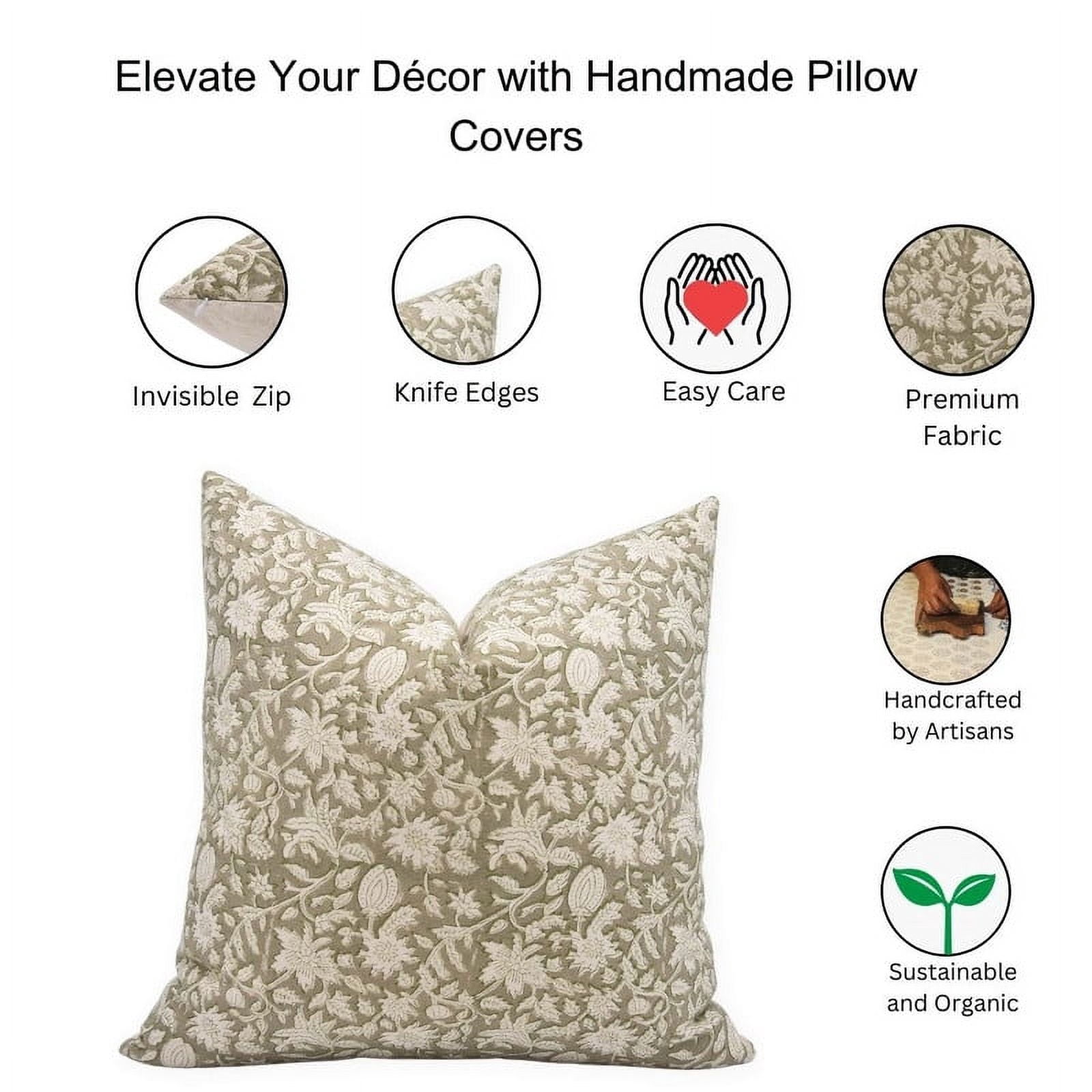 Fabdivine Block Print Throw Pillow Cover, 16x16 Inch Duck Canvas Decorative Cushion Cover, Floral Print Boho Design Green Pillow Cover for Sofa and Couch