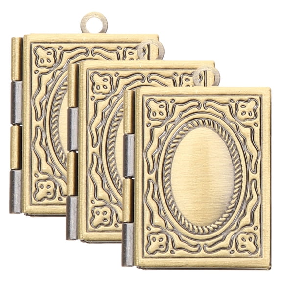 OULII 3Pcs Openable Book Locket Pendant Necklace Dark Brown Antique Bronze Photo Jewelry Charm