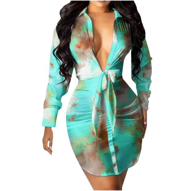 Vestido de camisa con lazo estampado con cuello en V de manga larga informal de moda para mujer Fridja NMB4782