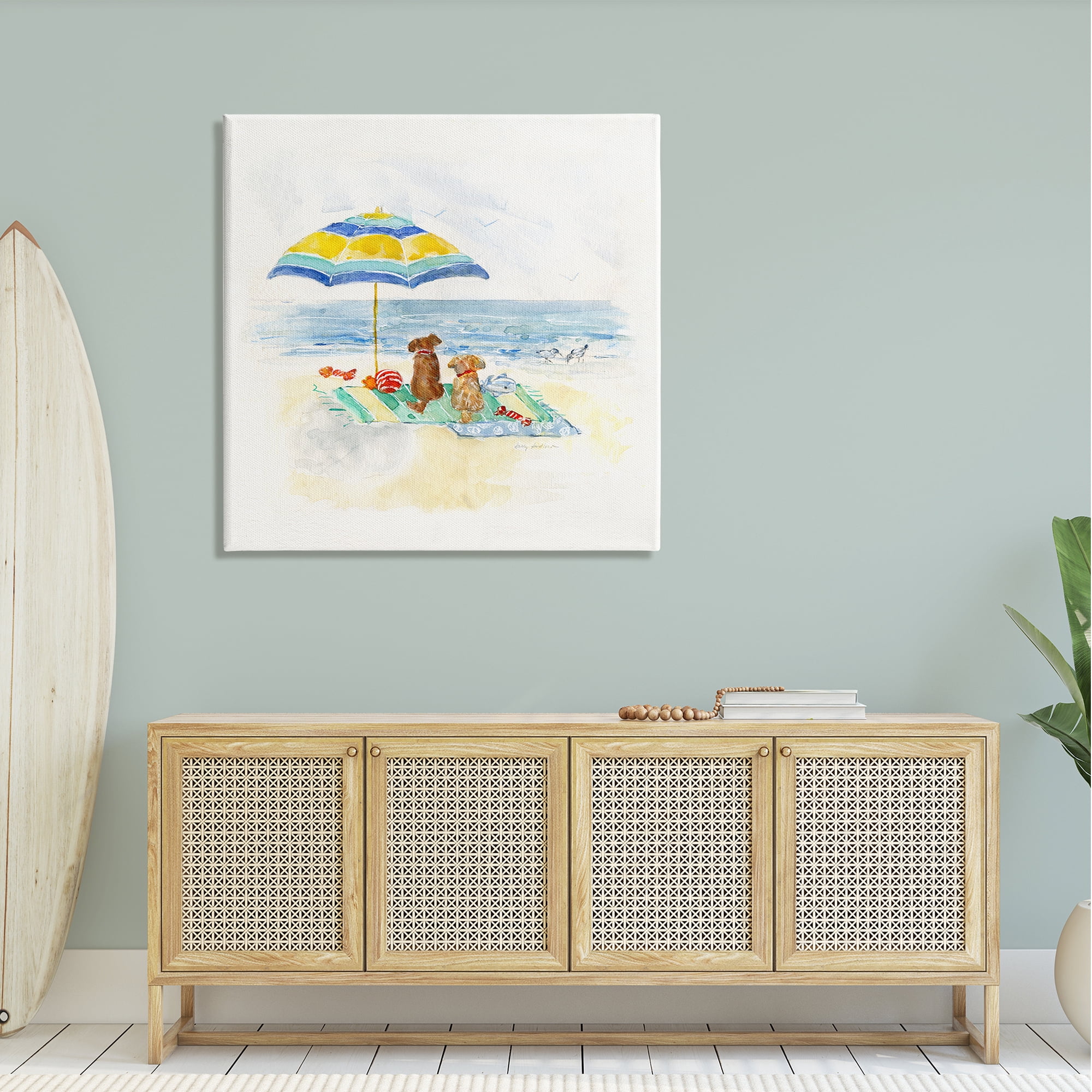 Stupell Industries Cute Playful Dogs Relaxing Beach Umbrella Shoreline Painting Gallery-Wrapped Canvas Print Wall Art, 36x36, by Sally Swatland