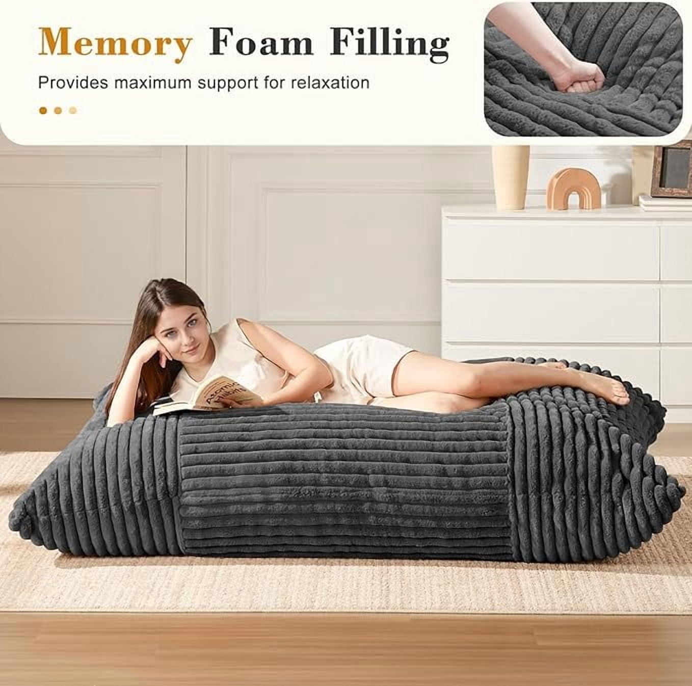 Oversized Striped Bean Bag Chair, Large Floor Lounger with Machine-Washable Corduroy Cover, Full-Body Relaxation Sofa for Home Theater, Living Room, Dark Grey