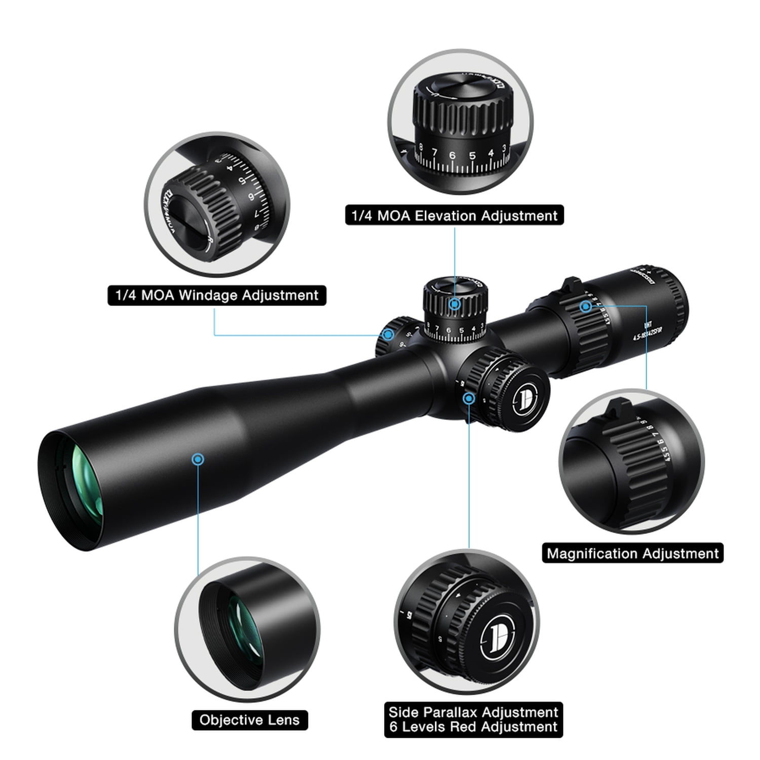 DISCOVERYOPT LHT 4.5-18X42 FFP MOA Side Parallax Adjustment Riflescope Illumination 30mm Tube