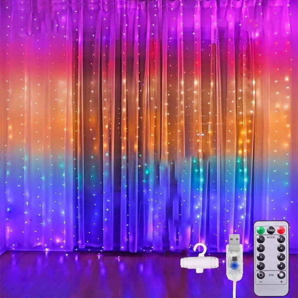 Cortina de Luces LED con Gancho, 3Mx3M 300LEDS Impermeable Iluminación, 8 Modos de Luces con Control Remoto, Cadena de Luces, Decoración para Dormitorio, Fiestas, Navidad (Multicolor)