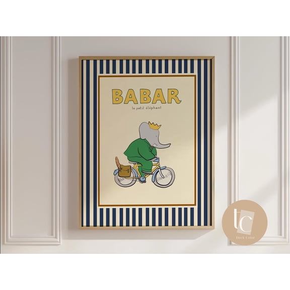 Babar The Elephant Baguette Bicycle Nursery Wall Art Retro Kids Decor Quote Wall Art Genre Neutral Baby Wall Art Illustration Nursery Print UNFRAMED