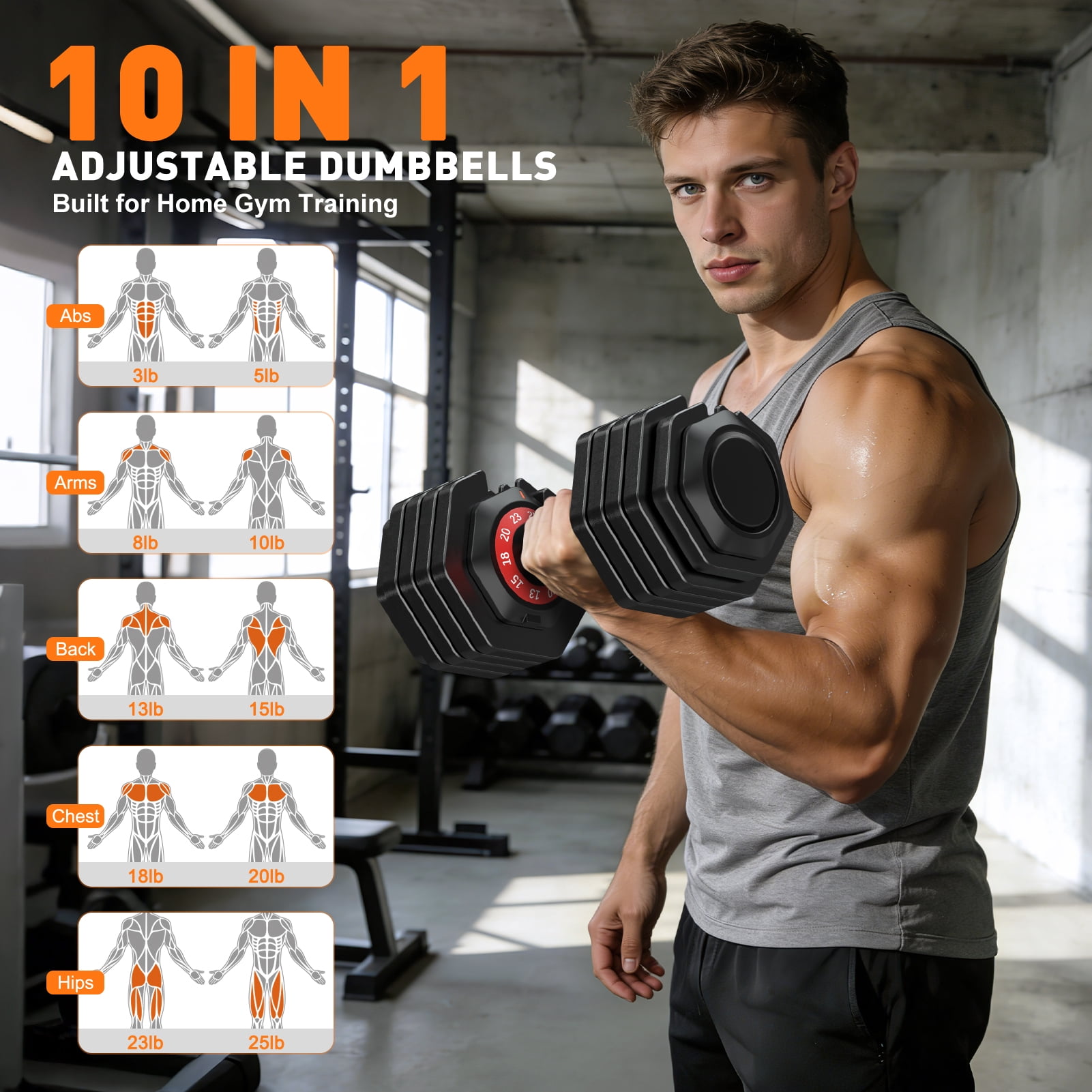 GIKPAL 50LB(25lbs*2) Adjustable Dumbbells Set of 2,10 in 1 Quick-Select 3-25lbs Free Weight Adjustable Dumbbells for Men/Women Home Gym