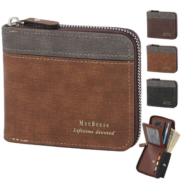 BadPiggies Vintage Leather Wallet for Men Large Capacity ID Window Card Case Holder with Zip Coin Pocket - Brown