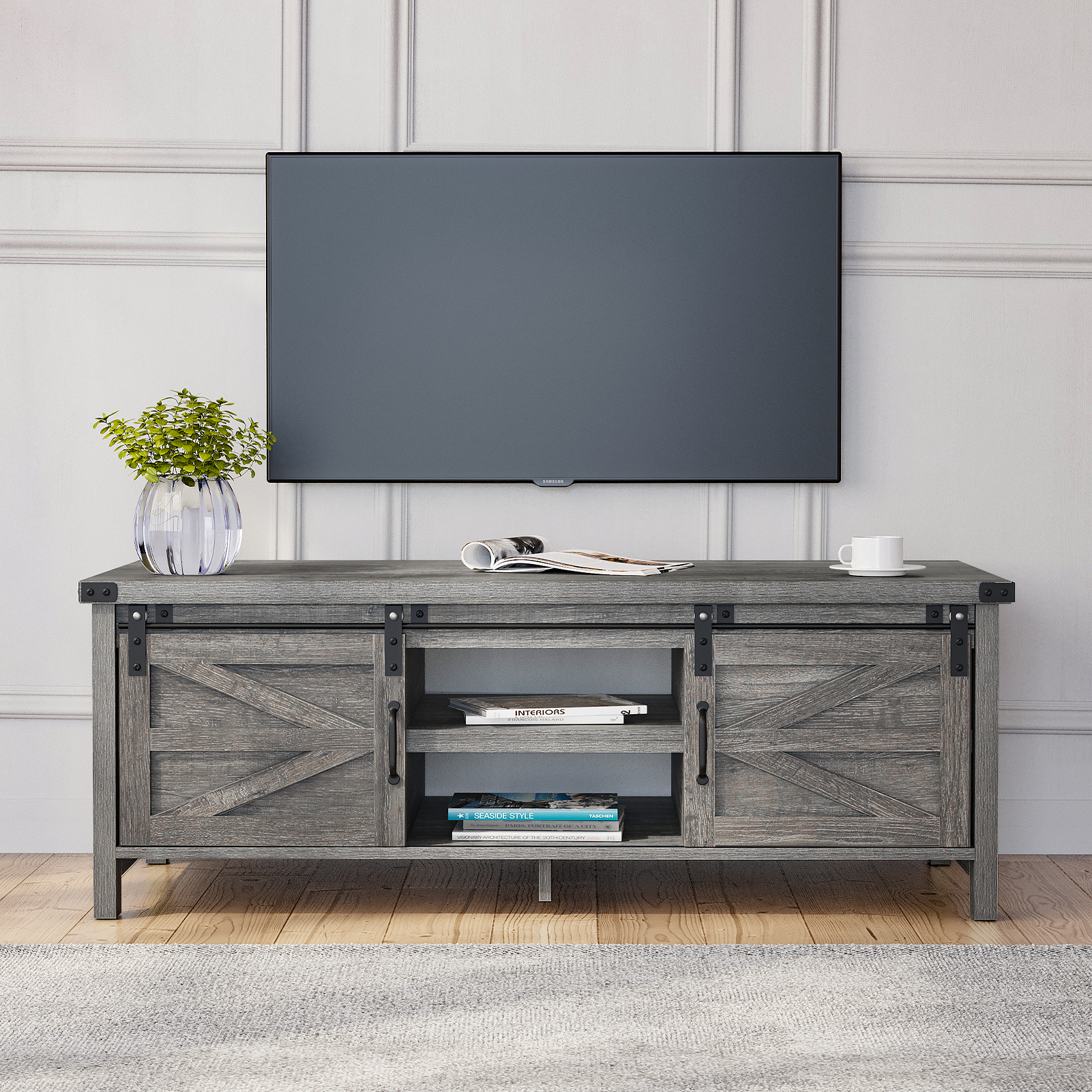 Yaoping 48" Modern Farmhouse Coffee Table with Adjustable Storage Cabinets Shelves, Modern Coffee Table for Living Room with Sliding Barn Door