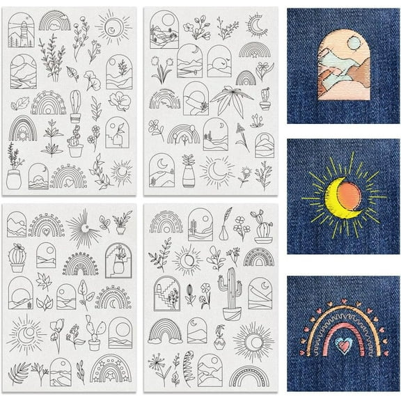 4 Sheets 100pcs Water Soluble Embroidery Patterns Boho Stitch Embroidery Paper Plant Flowers Water Soluble Stabilizers for DIY Carves Shirts Coats Bags Towels