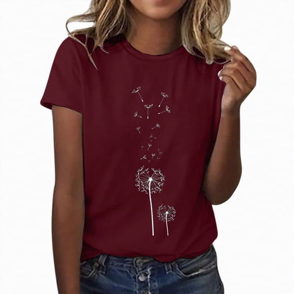 Paguaki T Shirts for Women Round Neck Dandelion Printed Loose Short Sleeved Tees Casual Spring Summer Tops