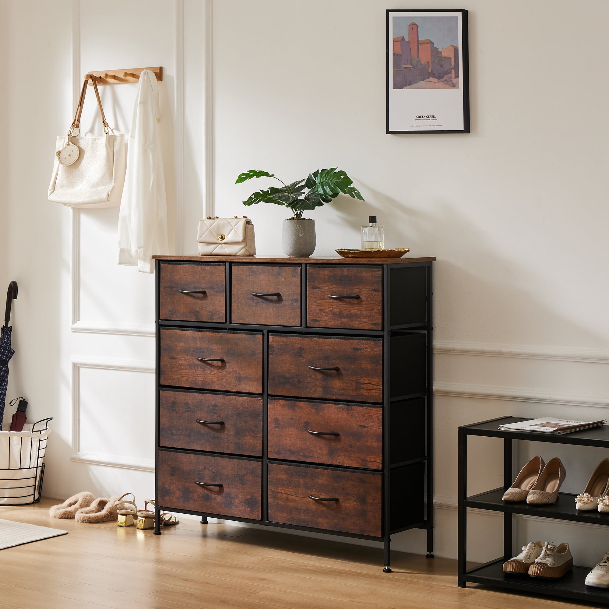 EDX 9 Drawer Dresser, Wide Chest of Drawers Nightstand Storage Tower Storage Fabric Dresser with Wood Top for Living Room, Bedroom, Hallway,Rustic Brown