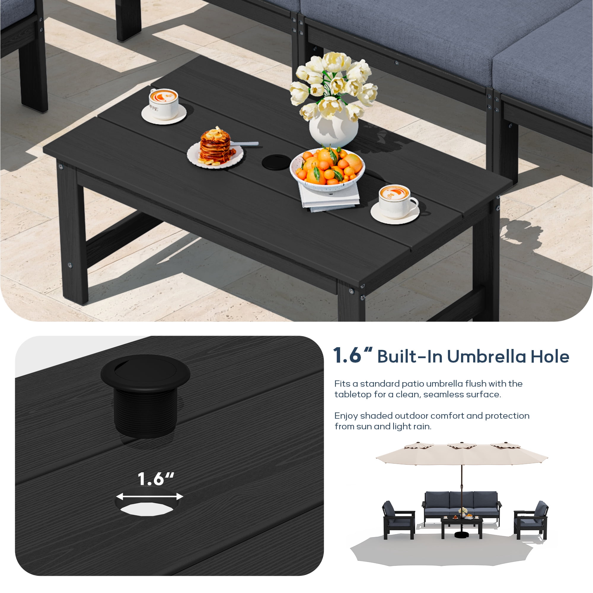 SERWALL Outdoor Patio Furniture Set, 6-Piece HDPE Outdoor Sofa Set Patio Conversation Set, Black Frame with Grey Cushions