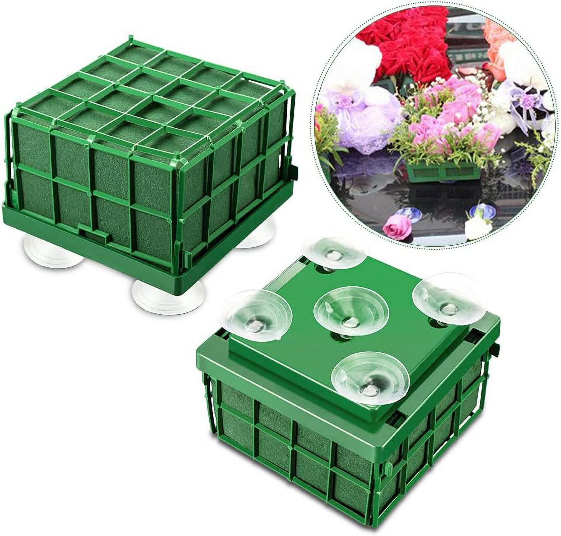 ABPETE 2 Floral Foam Cage with Suction Cups for Flower Arrangements, Square Floral Foam Cage Flower Holder for Fresh Flower Arrangement and Wedding Car Decorations(Green)