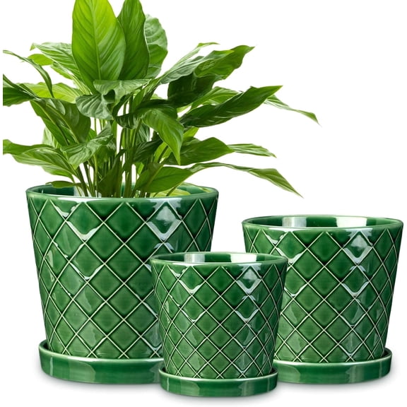 BUYMAX 4",5",6" Dia Planter Set of 3, Modern Style Ceramic Plant Pots with Drainage Hole and Tray for Indoor Outdoor Patio, Emerald Green