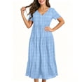 thumbnail image 4 of Miluxas Women's Summer Plaid Maxi Dress V Neck Short Sleeve Tiered Ruffle Dress Casual Loose Flowy A Line Long Dress Beach Vacation Outfits Light Blue, 4 of 6