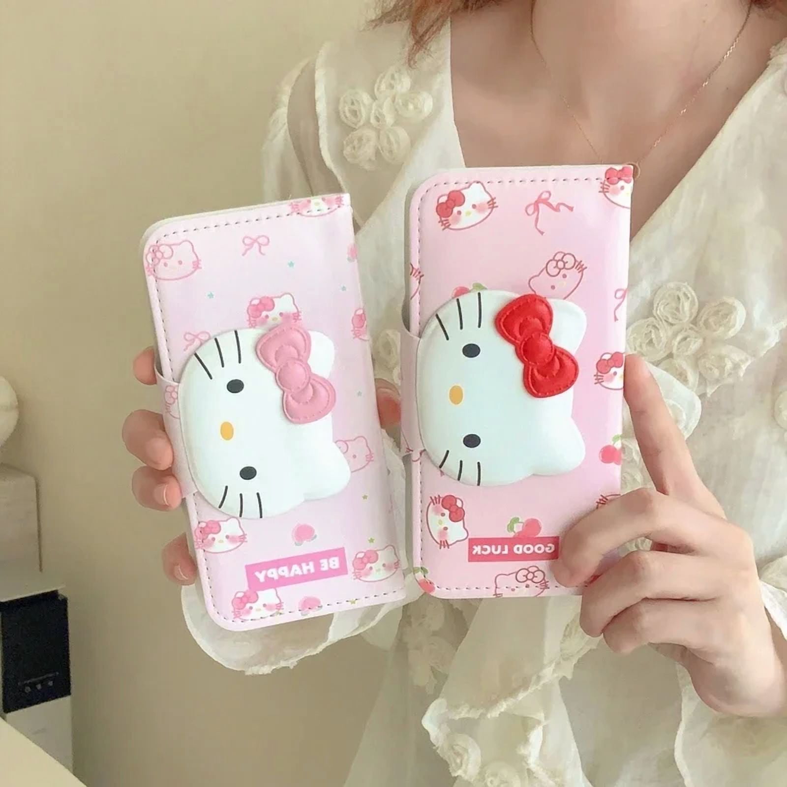 Cute Cartoon Sanrio Hello Kitty Leather Flip Phone Case For iPhone 16 15 14 13 Pro Max Cover