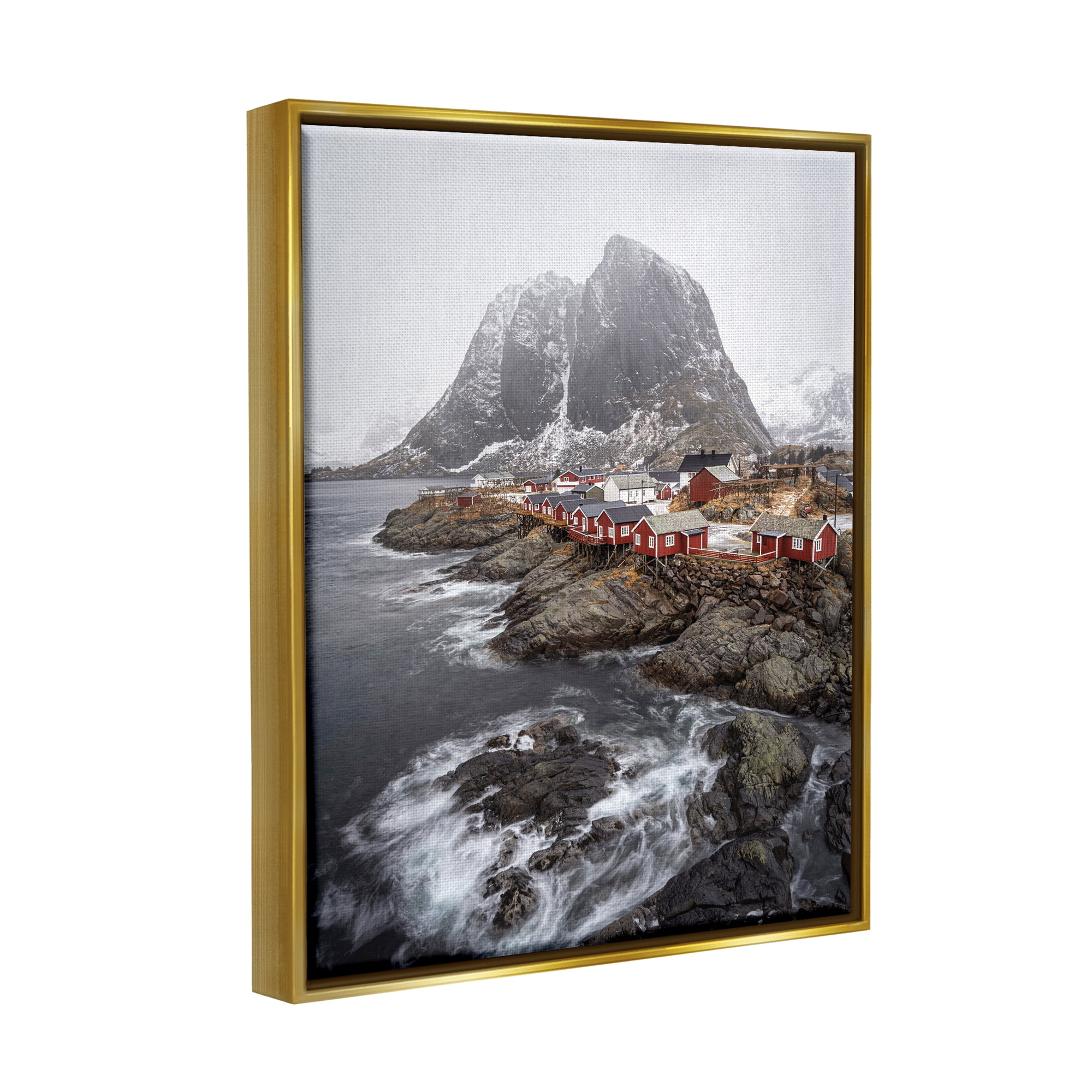 Stupell Industries Snowy Coastal Village Landscape Photography Gold Floater Framed Canvas Art Print Wall Art, 17 x 21