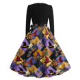 thumbnail image 4 of Halloween Dresses for Women Pumpkin Printed V-Neck Cute Tea Length Dress Ghost 1950s Long Sleeve Fashion Dresses with Belt 4XL, 4 of 7