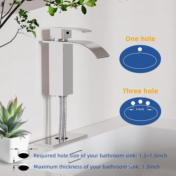 Waterfall Bathroom Faucet,Single Handle Bathroom Sink Faucets for 1 or 3 Hole, Stainless Steel Washbasin Mixer Tap with Deck,Pop-up Drain and Supply Hoses (Chrome)