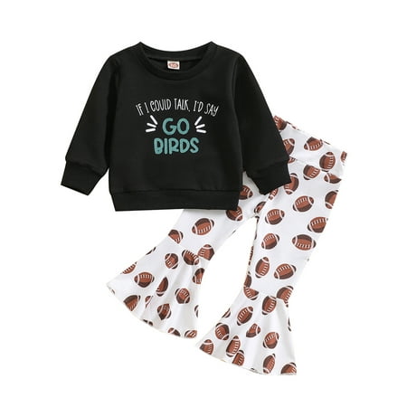 

Calsunbaby Toddler Girls Fall Outfits Letter Print Tops + Elastic Rugby Print Flare Pants 2Pk 0-18M