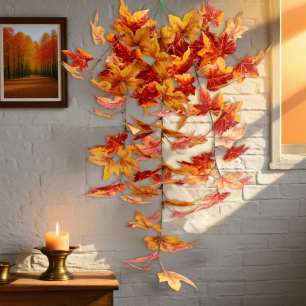 Uuiauoio Artificial Leaf Rattan Garland for Thanksgiving Halloween Christmas Decor, Plastic Hanging Vine for Indoor Home Party Fireplace Decoration, Multipurpose Seasonal Arrangement in