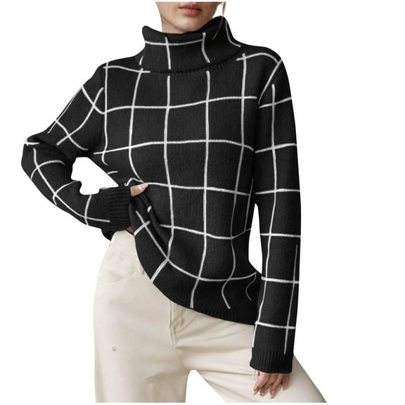 BXINGOHAI Turtleneck Sweaters for Women Fashion Plaid Long Sleeve Pullover Tops Fall Winter Sweater 2024 Leisure Shirts Black,L