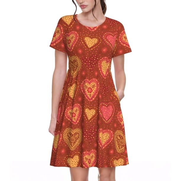Easygdp Flower Hearts para Vestido Transpirable de Mujer, Vestido Suelto de Manga Corta con Pliegues y Bolsillos para el Verano