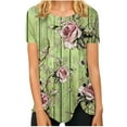 thumbnail image 2 of Green Women's Short Sleeve T-shirt, Women'S Summer Round Neck Retro Flower Print Irregular Hem Loose Casual Top XXL, 2 of 5