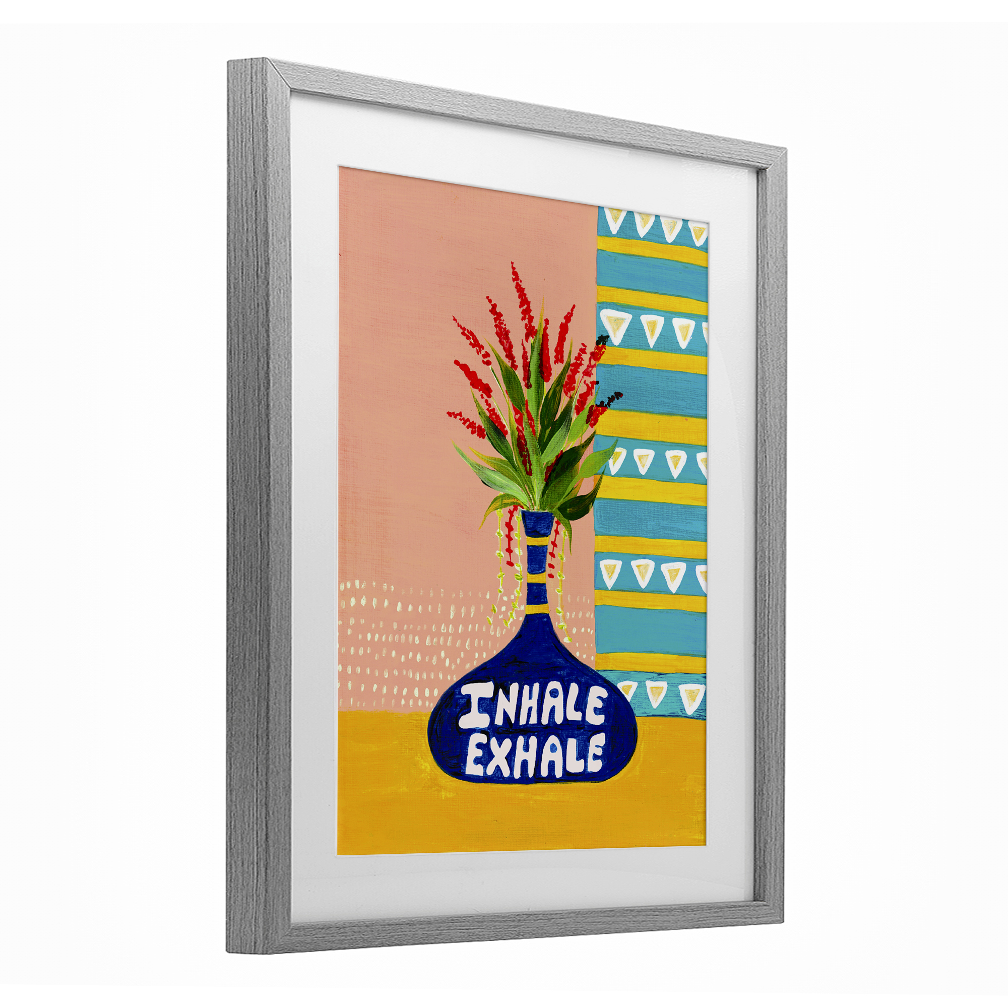 Inhale Exhale Flower Vase Gray Framed Print Under Glass, design by Nabeela Rumi