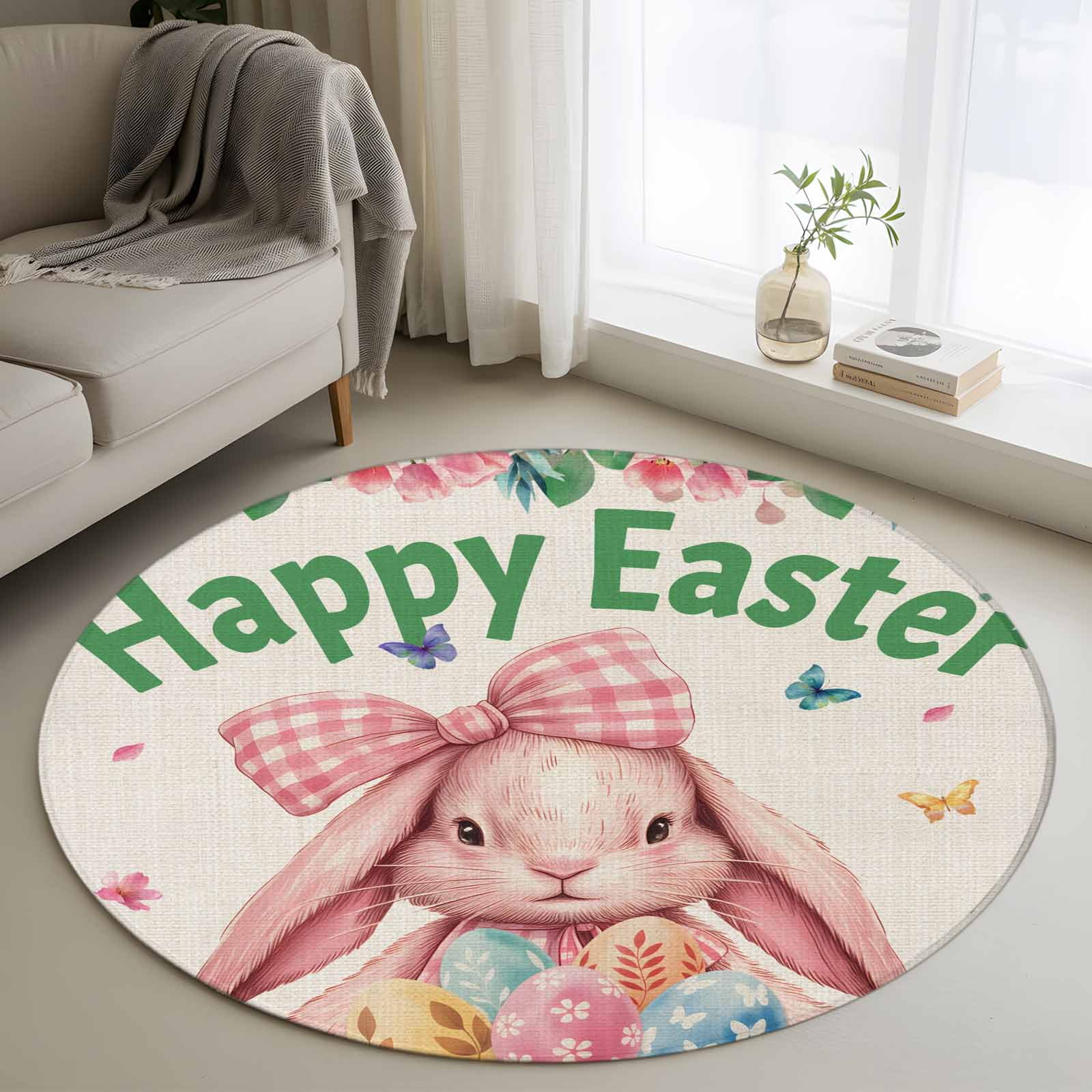 Round Area Rug 3ft Vintage Easter Bunny Butterflies Non-Shedding Washable Area Rug Country Flowers on Linen Non Slip Low-Profile Circle Rugs for Living Room Bedroom Dining Room