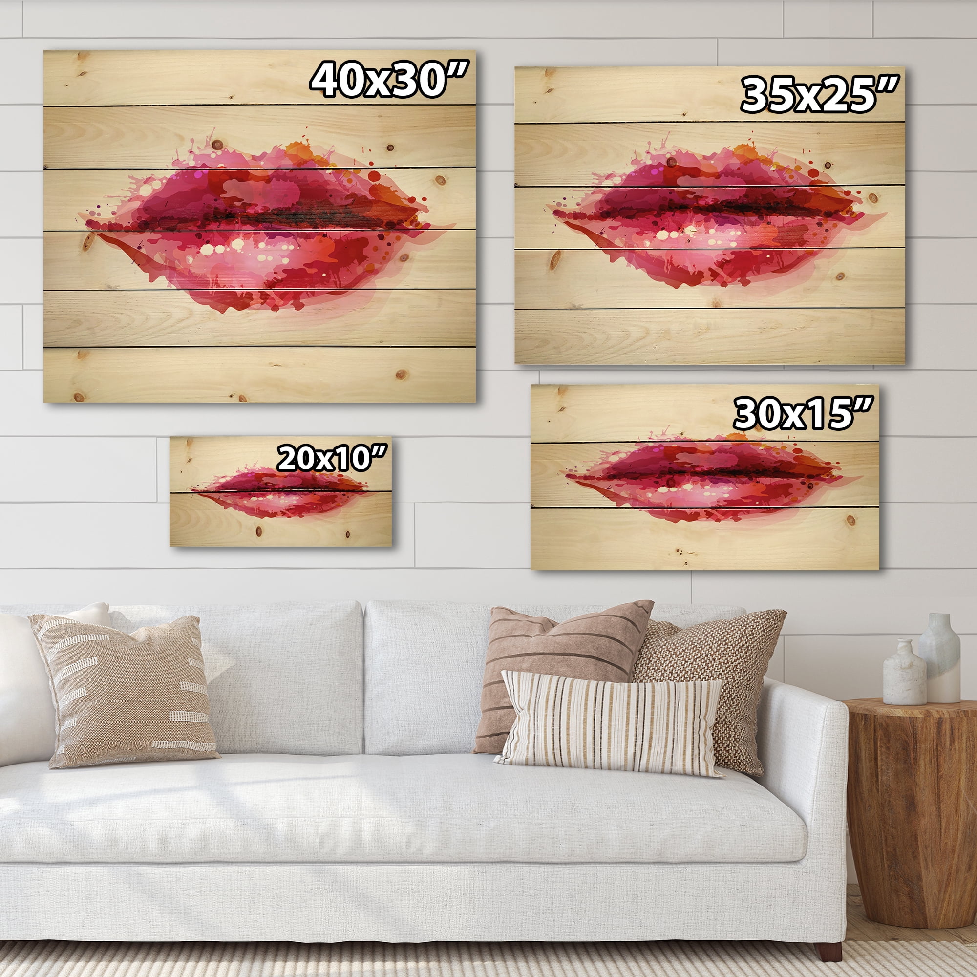 Designart 'Red Girl Lips Formed By Abstract Blots' Modern Print on Natural Pine Wood