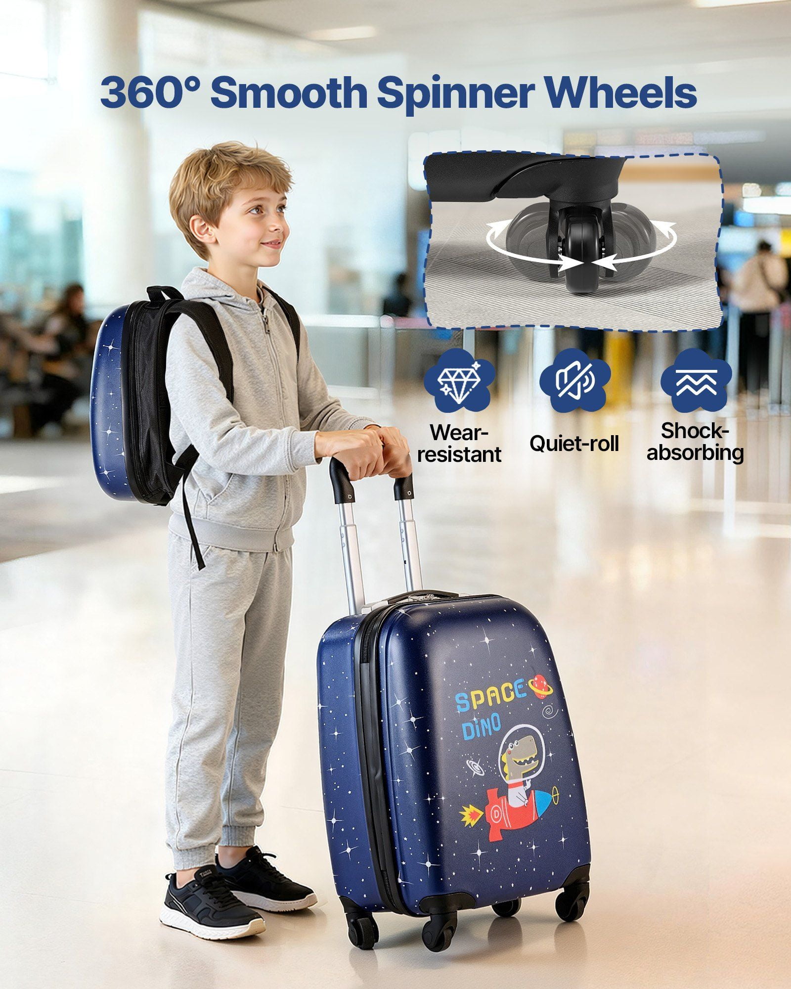 Dinosaur Kids Luggage Set 2 Piece 18 Inch Hardside Rolling Suitcase with Backpack Airline Approved Carry On Holiday Birthday Gift for Boys and Girls