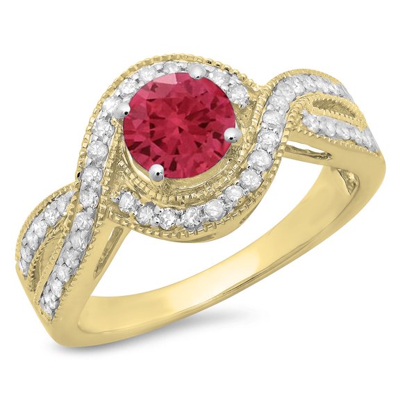 Dazzlingrock Collection 14K Round Ruby And White Diamond Swirl Split Shank Bridal Halo Engagement Ring, Yellow Gold, Size 8