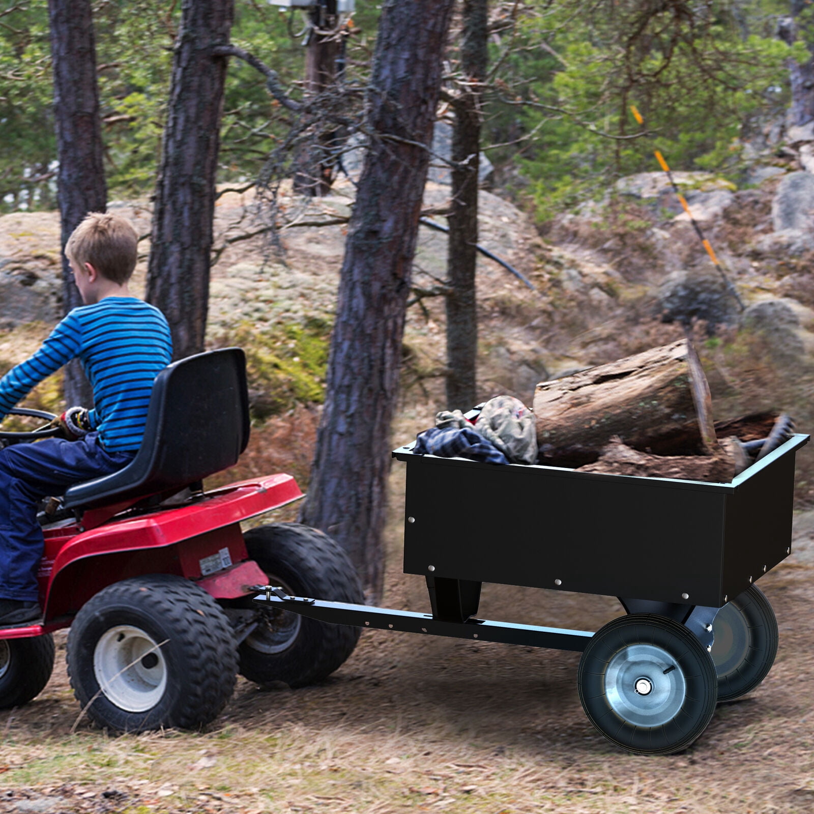 RVNI 350LB Capacity Dump Cart Trailer Tow Behind Lawn Steel for Lawn Tractor & ATV UTV With Wheels Black