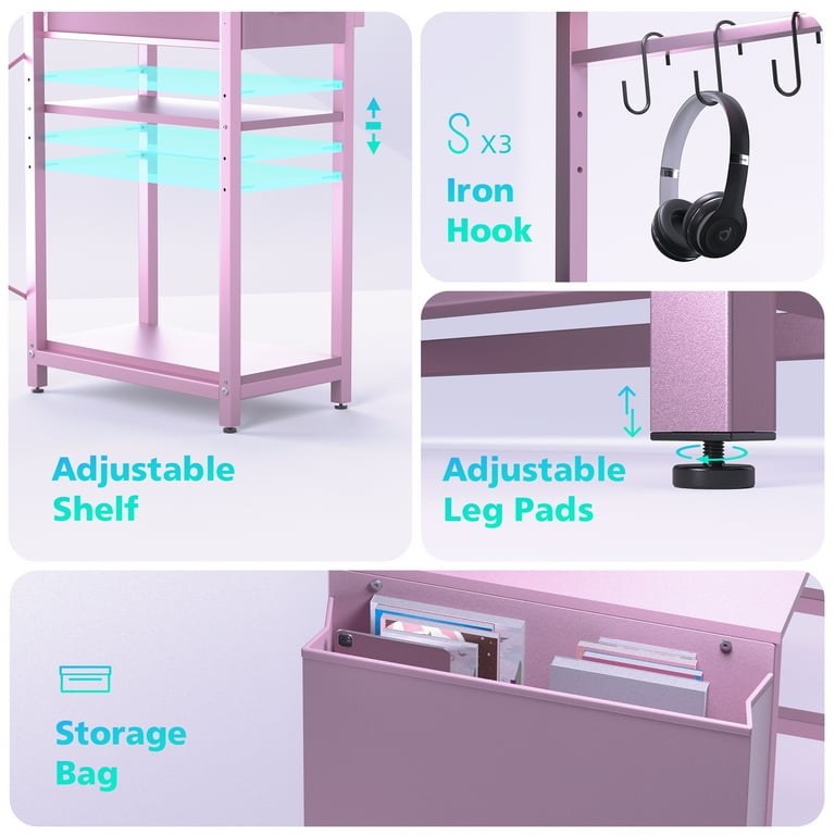 Eunon 44 inch Gaming Computer Desk with LED Lights, Reversible 4