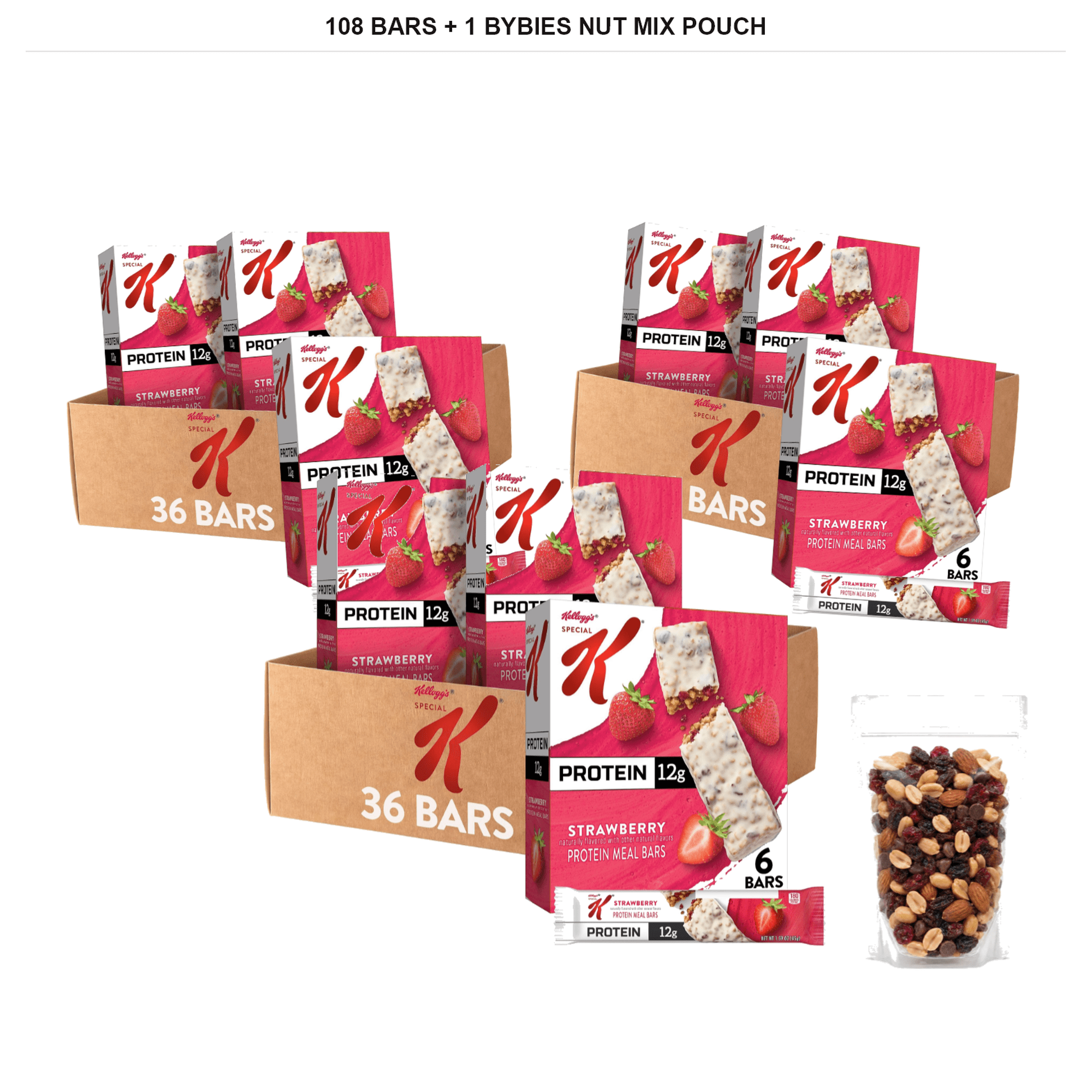 Special K Strawberry Protein Meal Bars, 18 Boxes x 6 Bars, 108 Bars Total + 1x Bybies Nut Mix Pouch, 2 oz