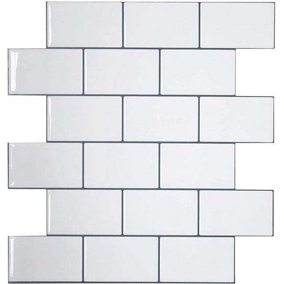 Crystiles 12"x12" Subway White Vinyl Peel and Stick Backsplash Tile, Pro Series Thicker Version, 4-Sheet Pack