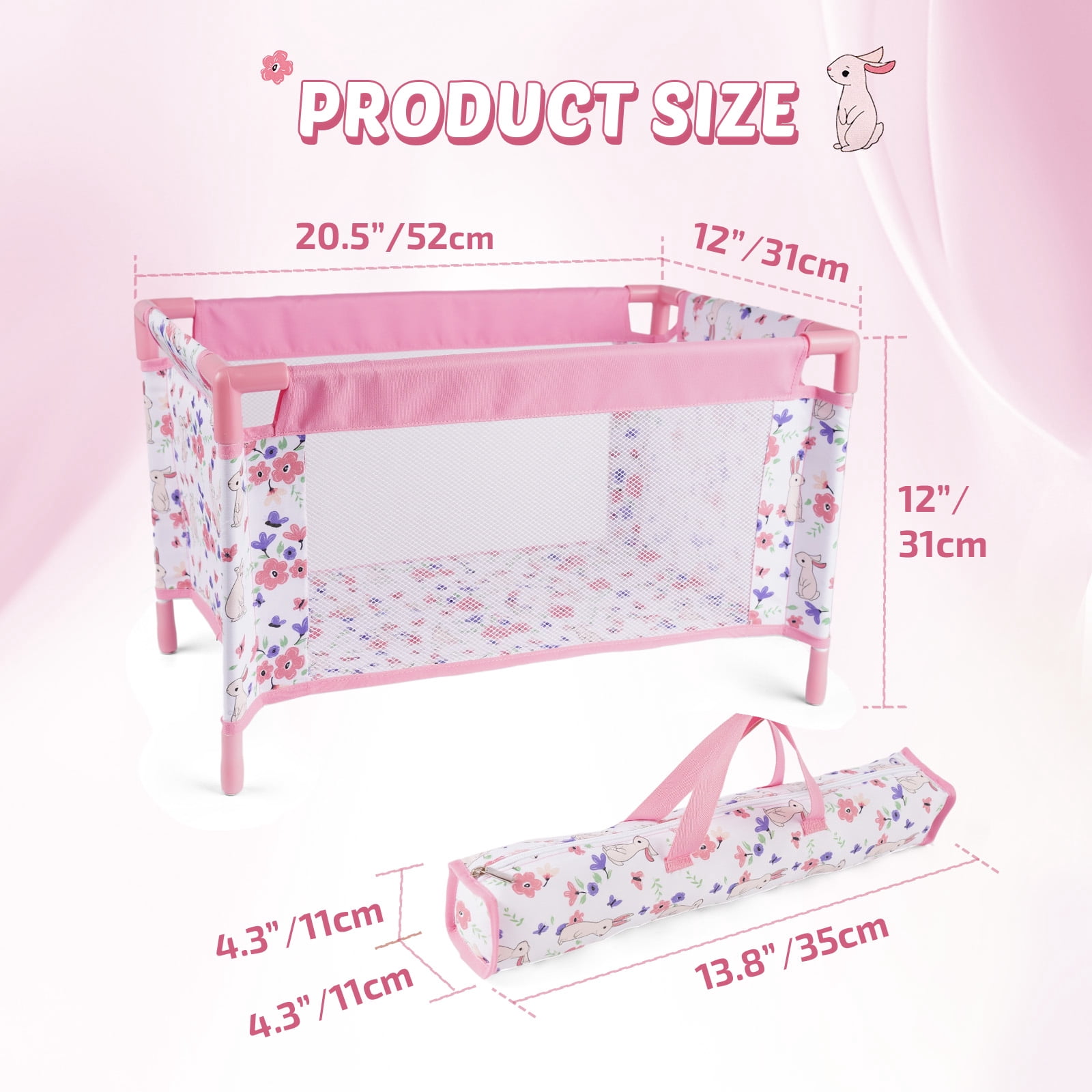 RSG Reborn Baby Doll Crib, Pink Floral Foldable Doll Bed for 17-20 Inch Reborn Dolls, Portable Doll Furniture with Storage Bag, Pretend Play Gift for Kids Ages 3+