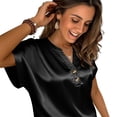 thumbnail image 5 of Otntypg Women Silk Satin Tops Cap Short Sleeve Blouse Elegant Dressy Button V Neck Work Tunic Shirts Business Casual Outfits Black XXL, 5 of 8