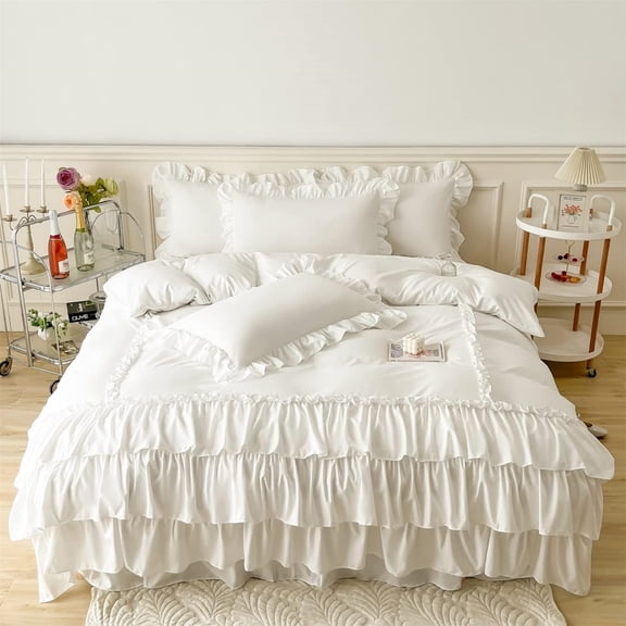 Ruffle Duvet Cover Queen Size,100% Washed Microfiber 3pcs Bedding Duvet Cover Set, Shabby Chic Farmhouse Duvet Cover and Pillow Shams, Zipper Closure & Corner Ties, Easy Care, White - Queen