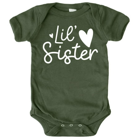 

Olive Loves Apple Lil Sister Heart Bodysuit for Baby Girls Sister Sibling Outfits White on Military Green Bodysuit Newborn