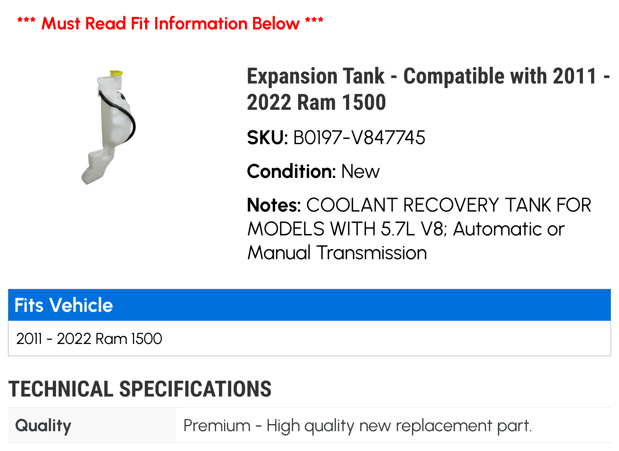 Expansion Tank - Compatible with 2011 - 2022 Ram 1500 2012 2013 2014 2015 2016 2017 2018 2019 2020 2021