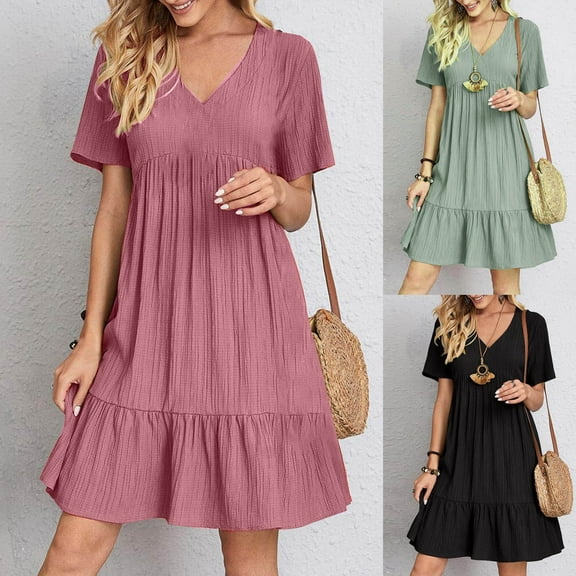 Danhjin Summer Dresses for Women Vacation Short Sleeve V Neck Mini T Shirt Dress Pleated Ruffle Flowy Fashion Casual Beach Sundresses