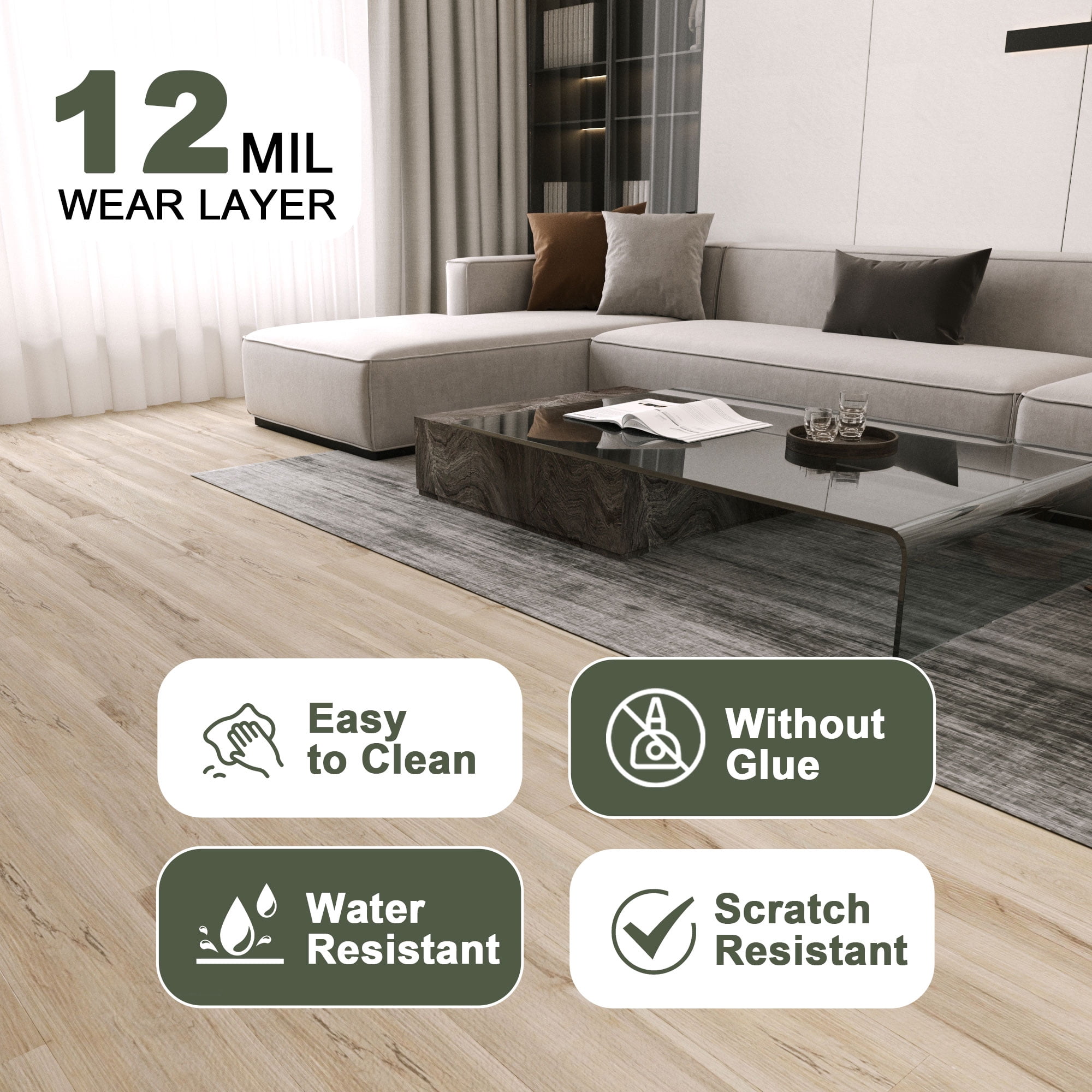 Peel and Stick Floor Tile Waterproof Vinyl Flooring 36-Pack 54 Sq.Ft, Beige DIY Self Adhesive Wood Plank for Bedroom, Kitchen, Living Room